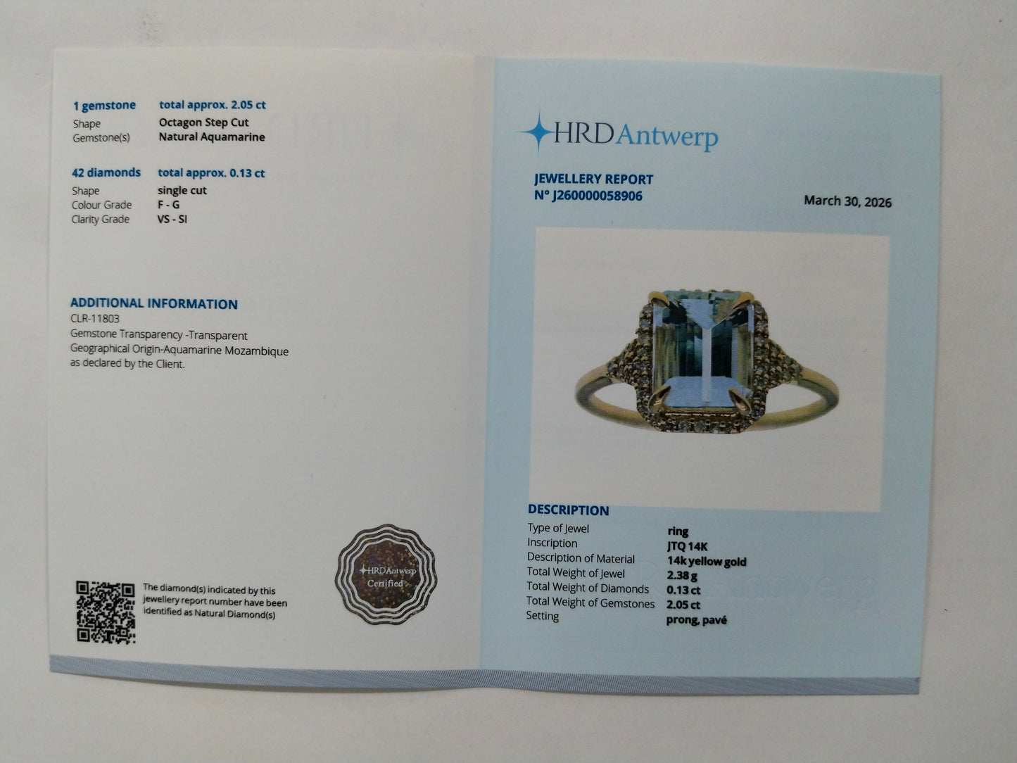 2.18 Ct Octagon Step Cut Natural Aquamarine 14K Gold Ring