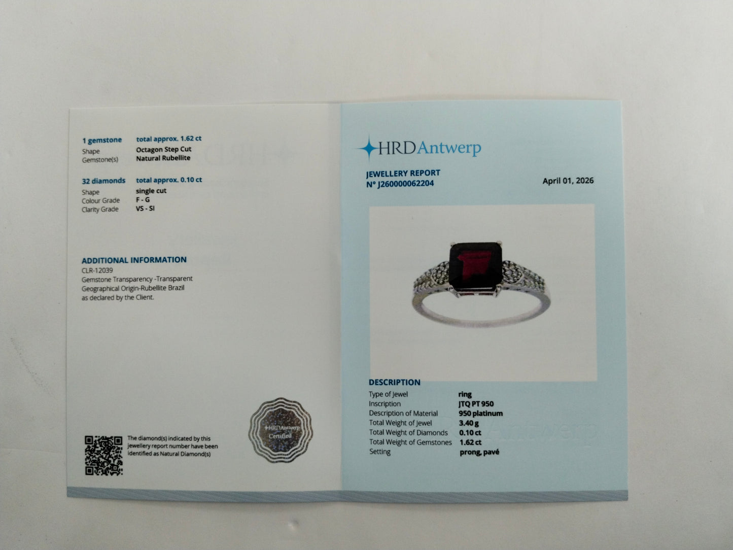 1.72 Ct Octagon Step Cut Natural Rubellite 950 Platinum Ring