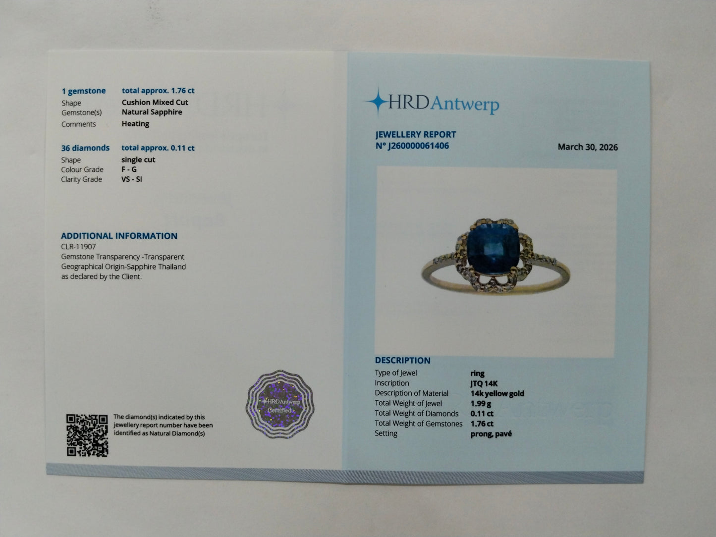 1.87 Ct Cushion Mixed Cut Natural Sapphire 14K Gold Ring