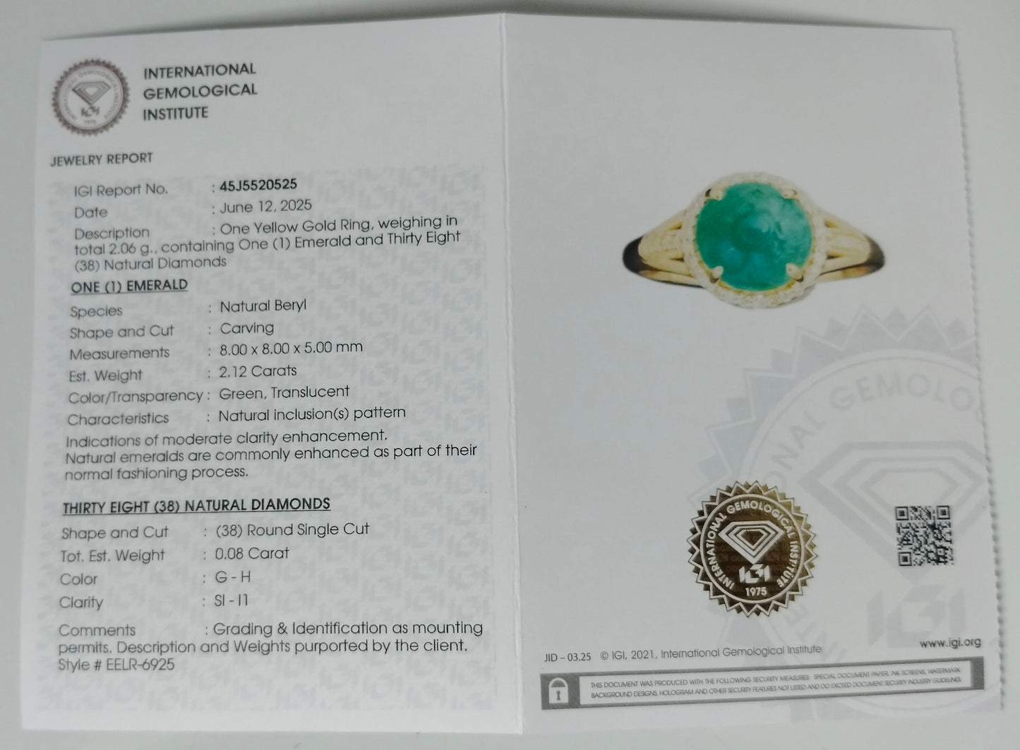 2.20 Ct Round Carving Natural Beryl Emerald 14K Gold Ring