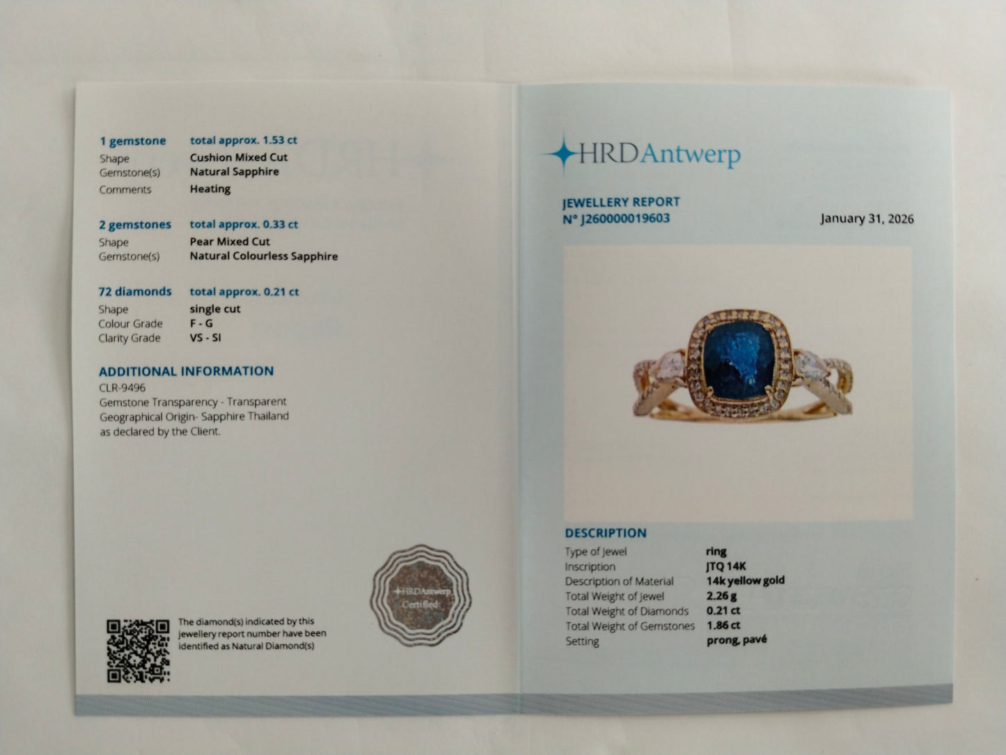 2.07 Ct Cushion Mixed Cut Natural Sapphire 14K Gold Ring
