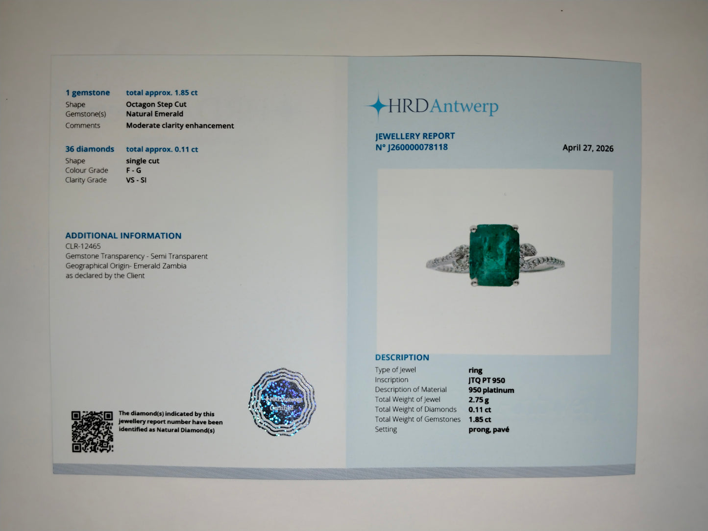 1.96 Ct Octagon Step Cut Natural Emerald 950 Platinum Ring