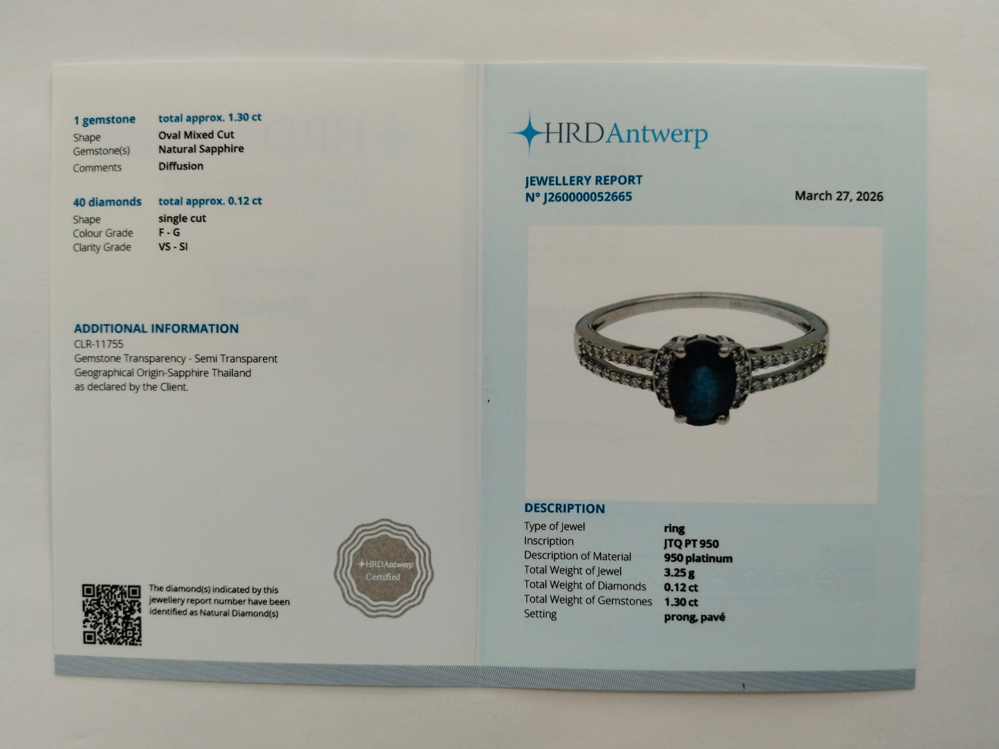 1.42 Ct Oval Mixed Cut Natural Sapphire 950 Platinum Ring