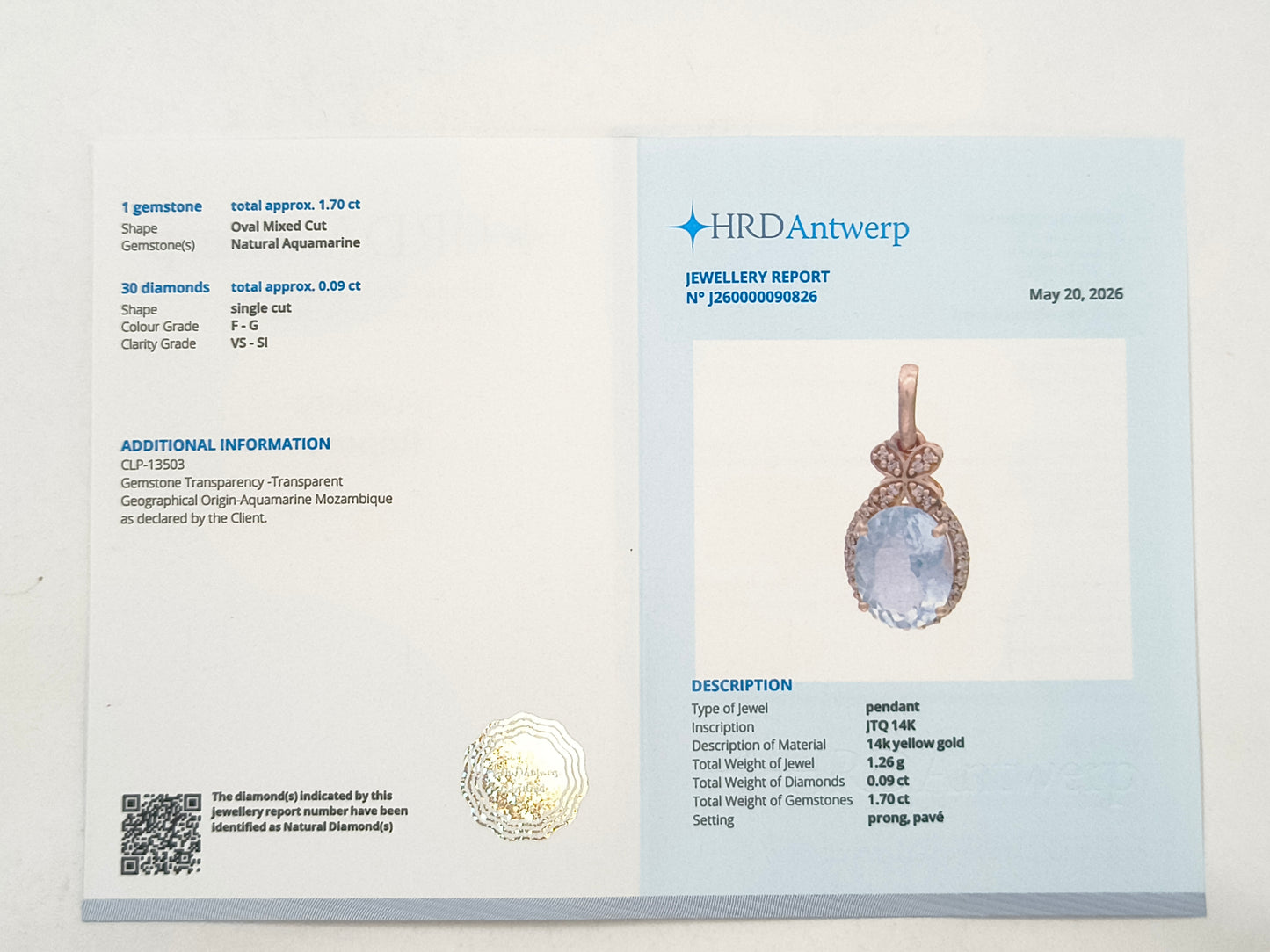 1.79 Ct Oval Aquamarine 14K Gold Pendant