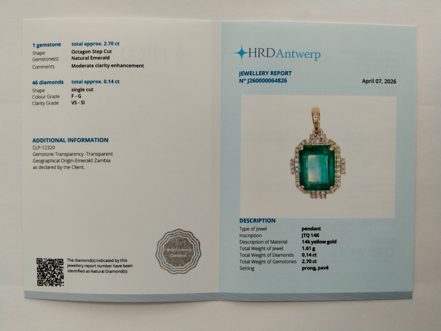 2.84 Ct Octagon Step Cut Natural Emerald 14K Gold Pendant