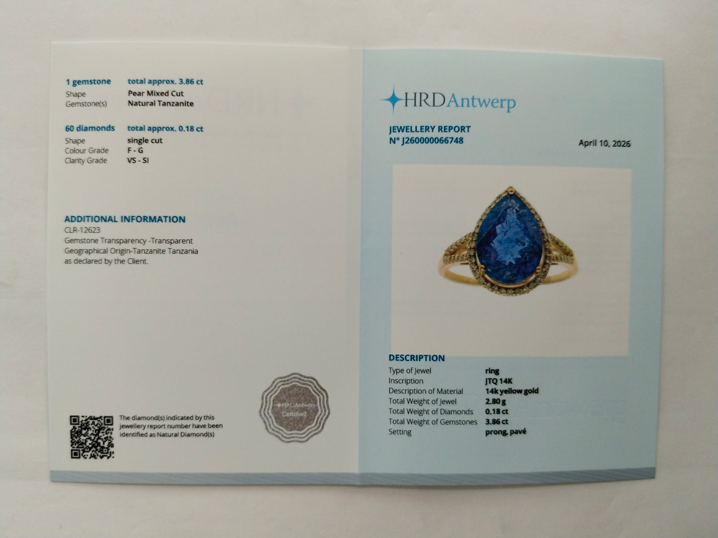 4.04 Ct Pear Mixed Cut Natural Tanzanite 14K Gold Ring
