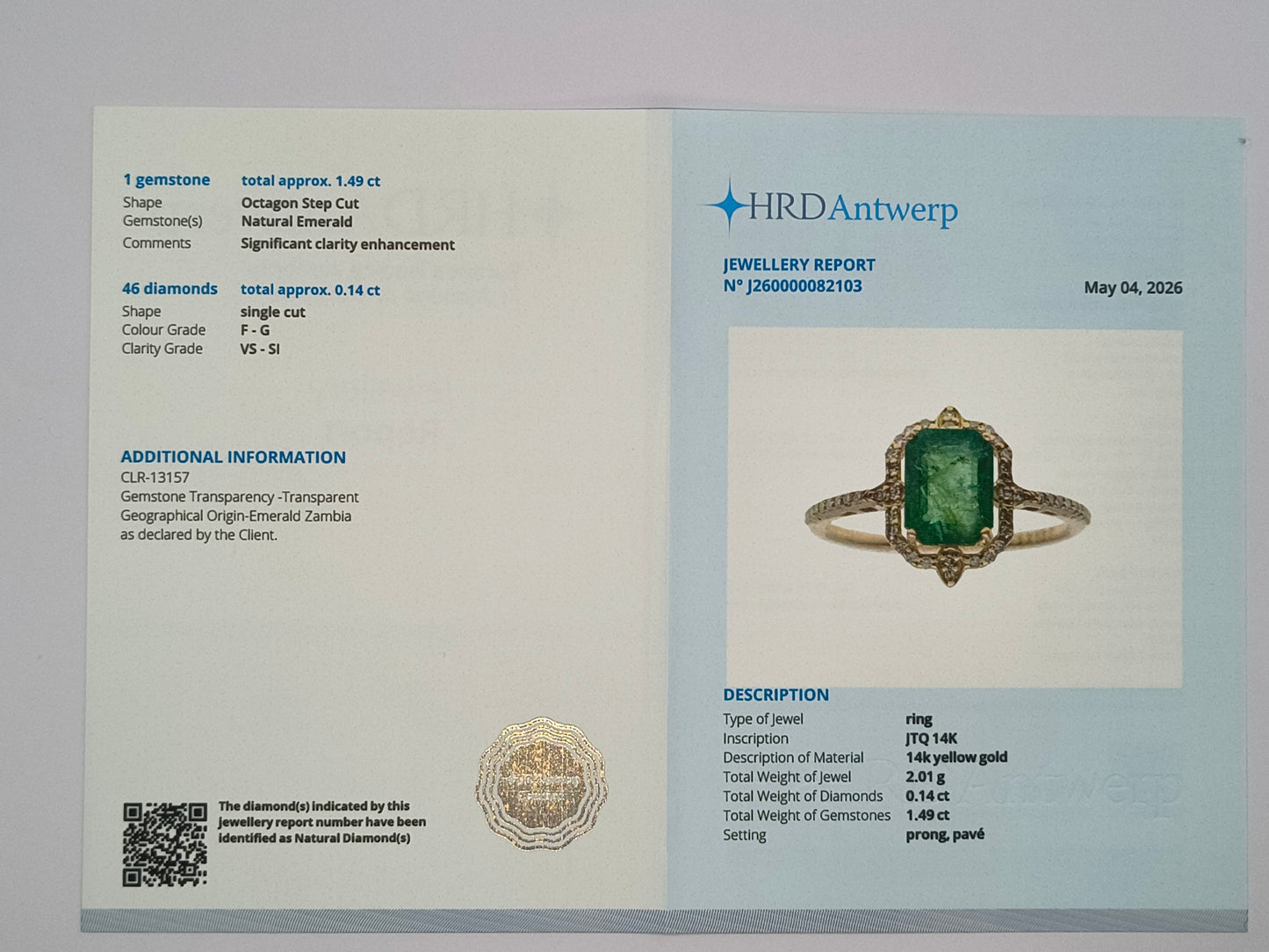 1.63 Ct Octagon Step Cut Natural Emerald 14K Gold Ring