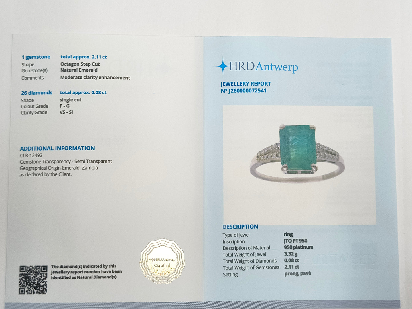 2.19 Ct Octagon Step Cut Natural Emerald 950 Platinum Ring
