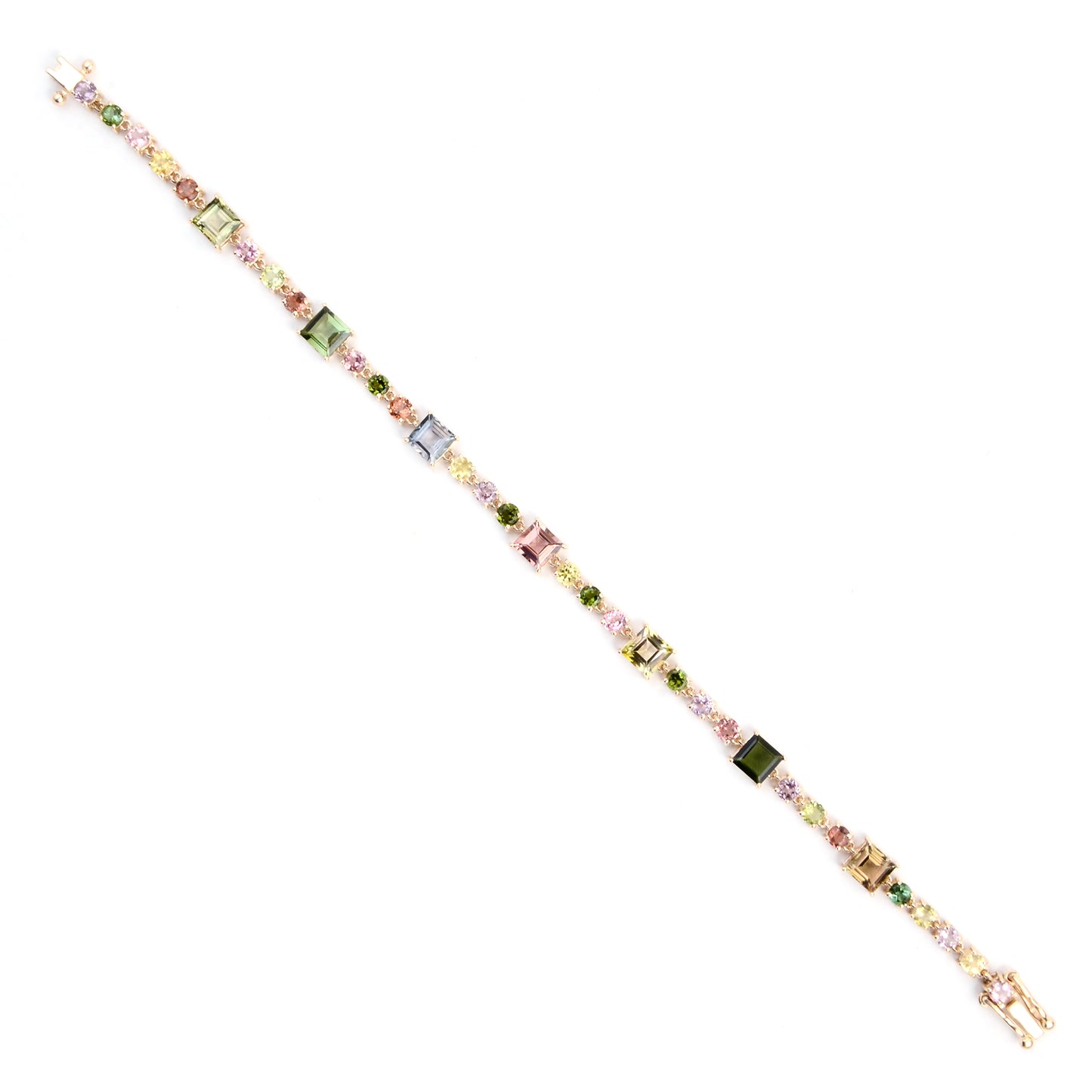 7.66 Ct Square Multi Tourmaline 14K Gold Bracelet