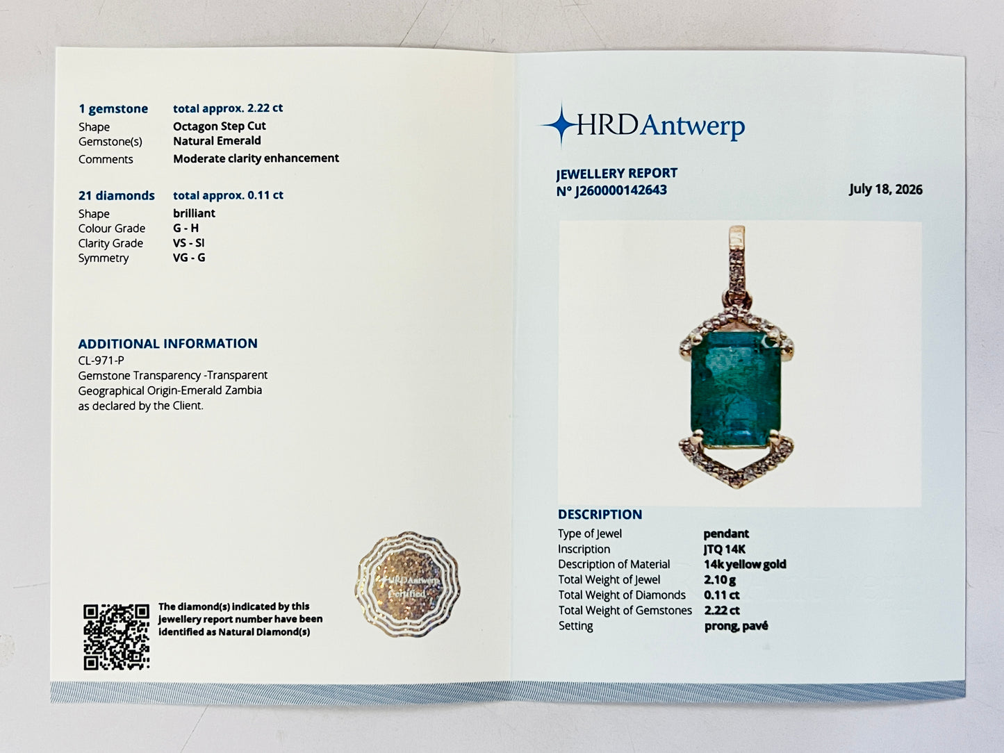2.33 Ct Octagon Step Cut Natural Emerald 14K Gold Pendant