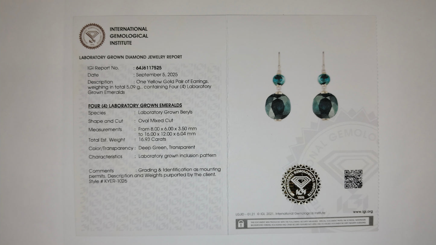 16.93 Ct Oval Mixed Cut Lab Grown Emerald 14K Gold Earrings
