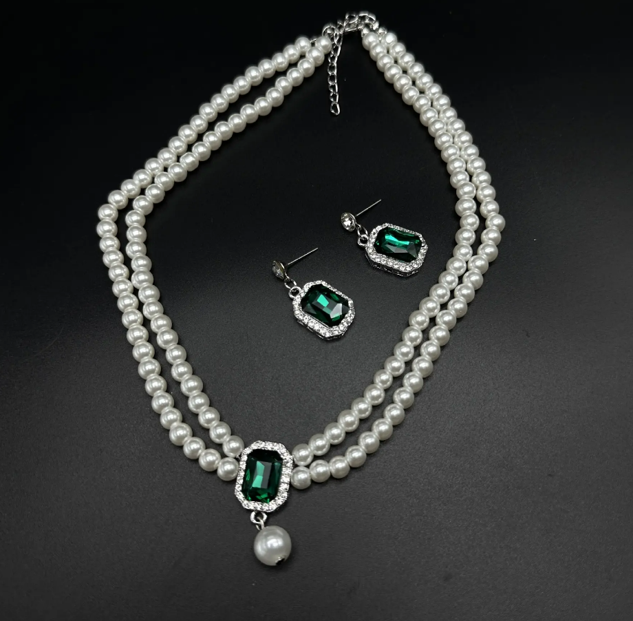 Imitation Pearl & Imitation Emerald Gold Plated Brass Necklace