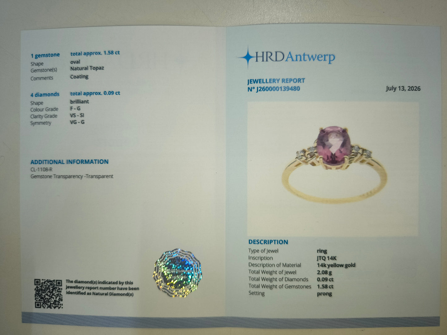 1.67 Ct Oval Natural Topaz 14K Gold Ring