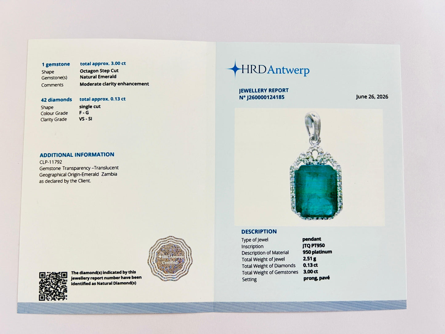 3.13 Ct Octagon Step Cut Natural Emerald 950 Platinum Pendant