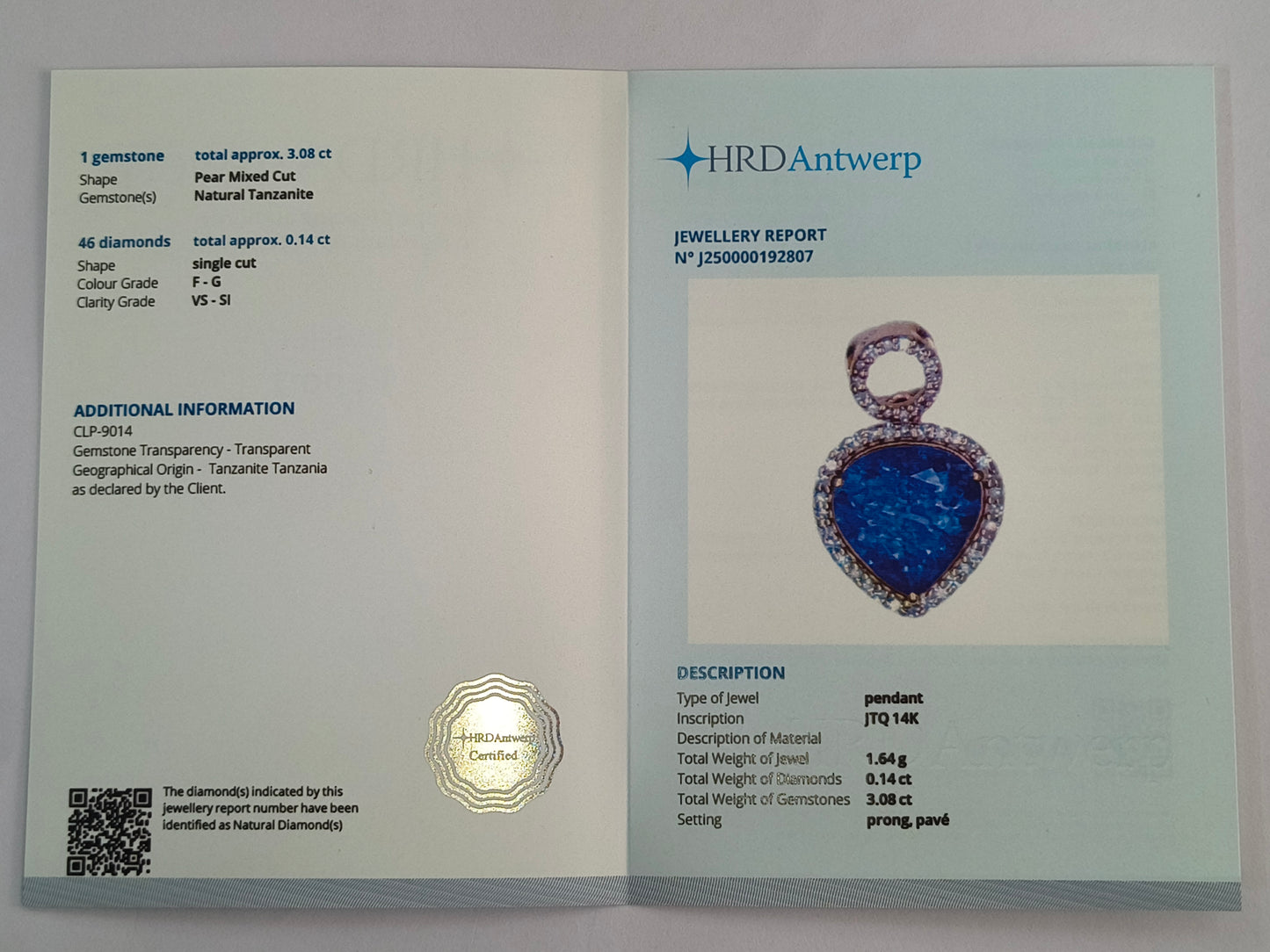3.22 Ct Pear Mixed Cut Natural Tanzanite 14K Gold Pendant
