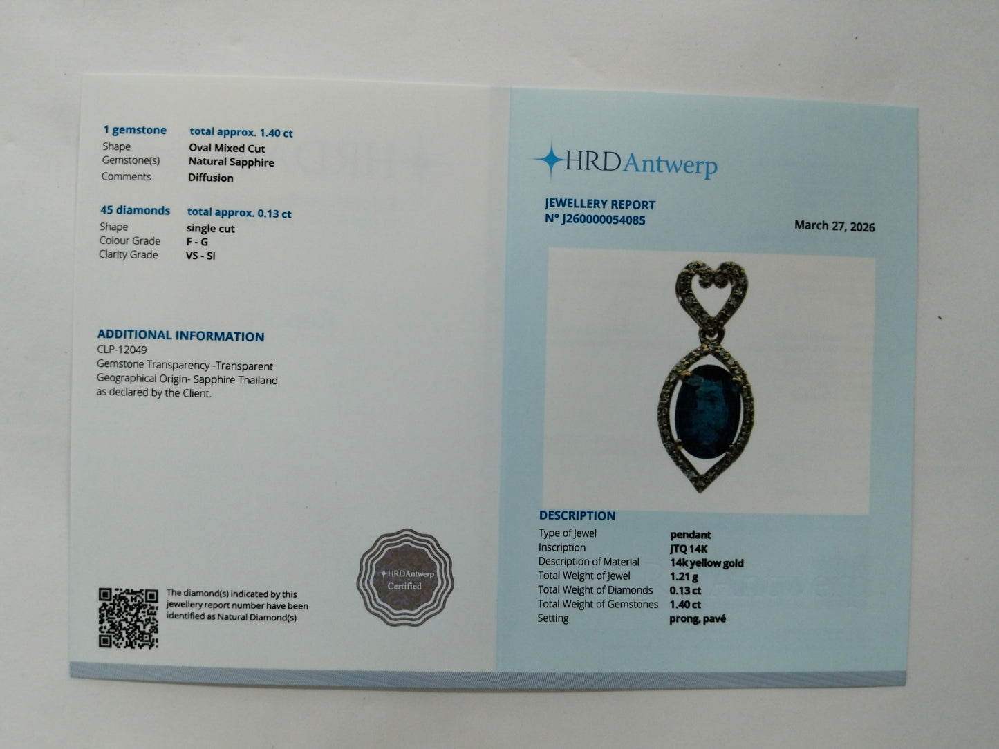 1.53 Ct Oval Mixed Cut Natural Sapphire 14K Gold Pendant