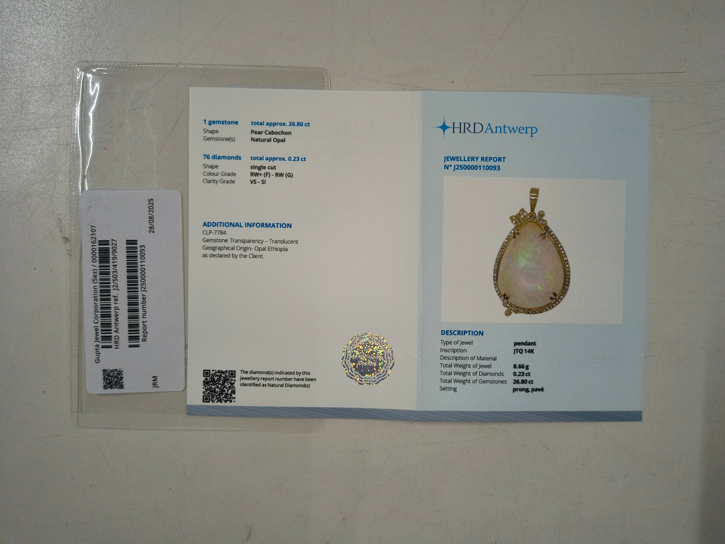 27.03 Ct Pear Cabochon Natural Opal 14K Gold Pendant
