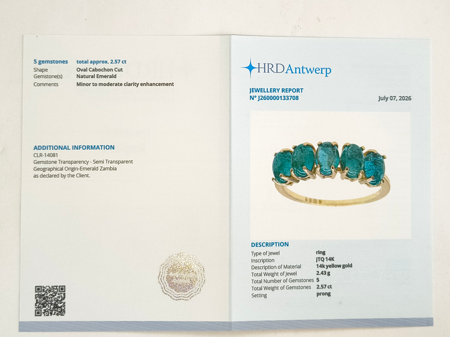 2.57 Ct Oval Cabochon Cut Natural Emerald 14K Gold Ring