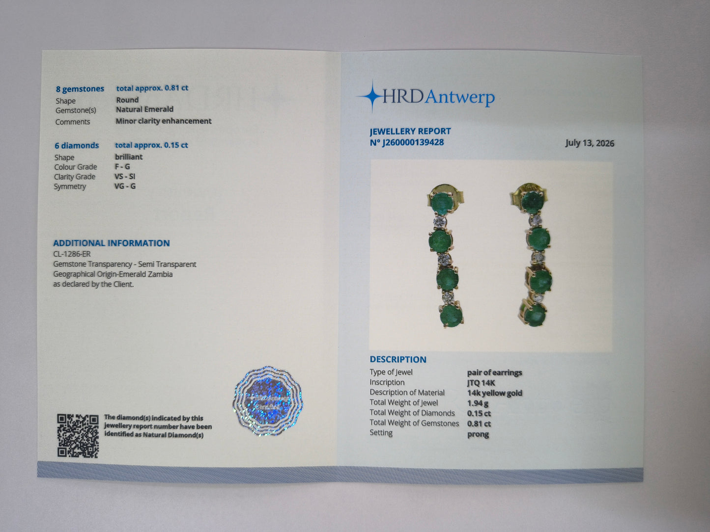 0.96 Ct Round Natural Emerald 14K Gold Earrings