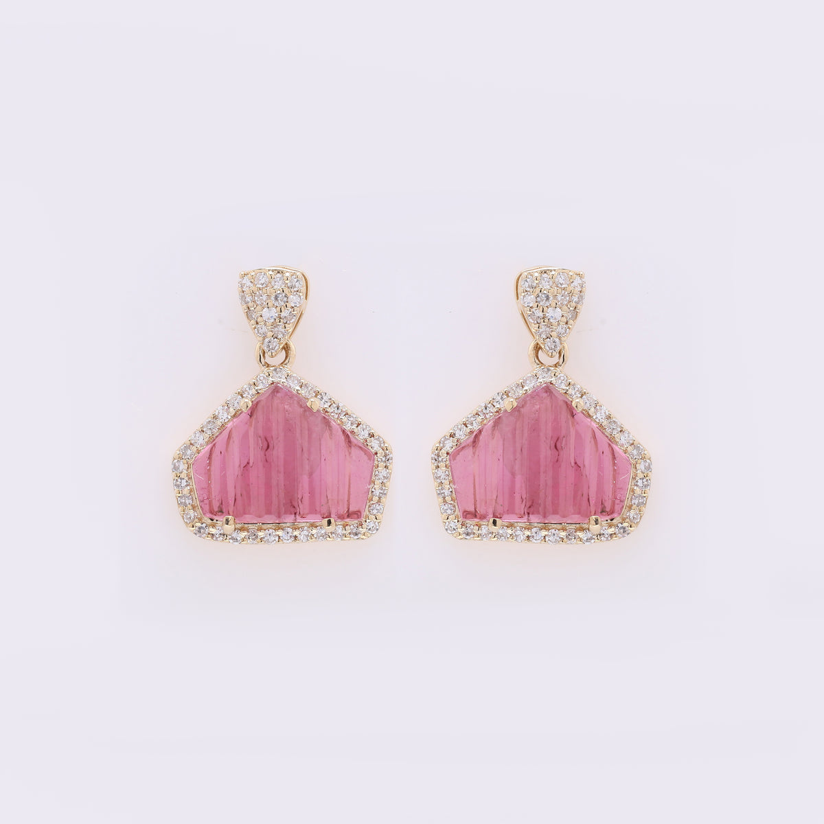 2.33 Ct Fancy Carving Natural Pink Tourmaline 14K Gold Earrings