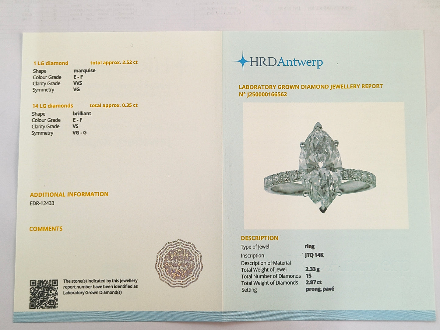 2.87 Carats Lab Grown Diamond 14K Gold Ring