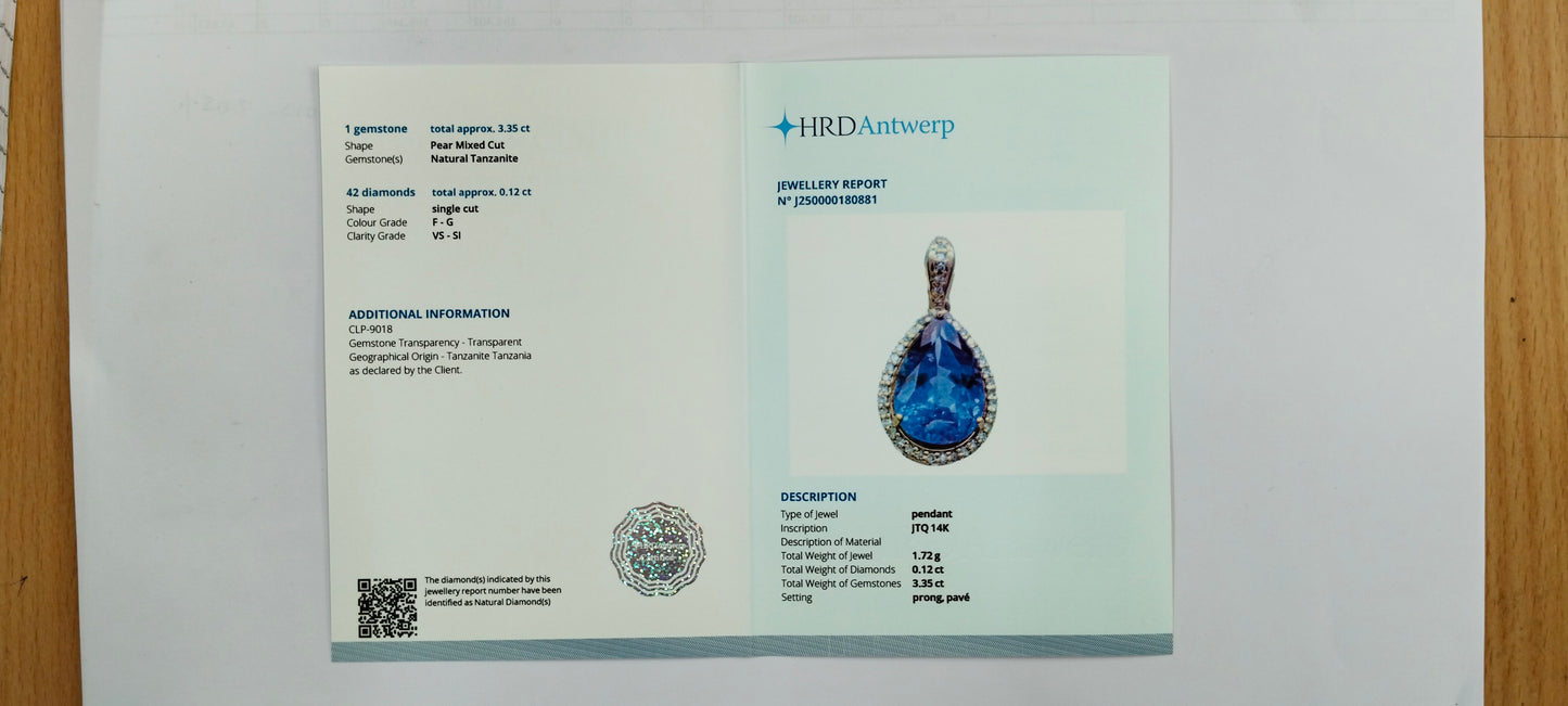 3.47 Ct Pear Mixed Cut Natural Tanzanite 14K Gold Pendant