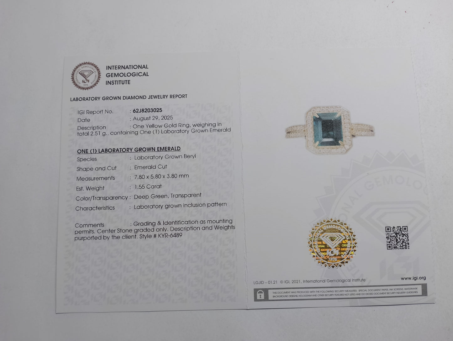 1.74 Ct Emerald Cut Lab Grown Emerald 14K Gold Ring