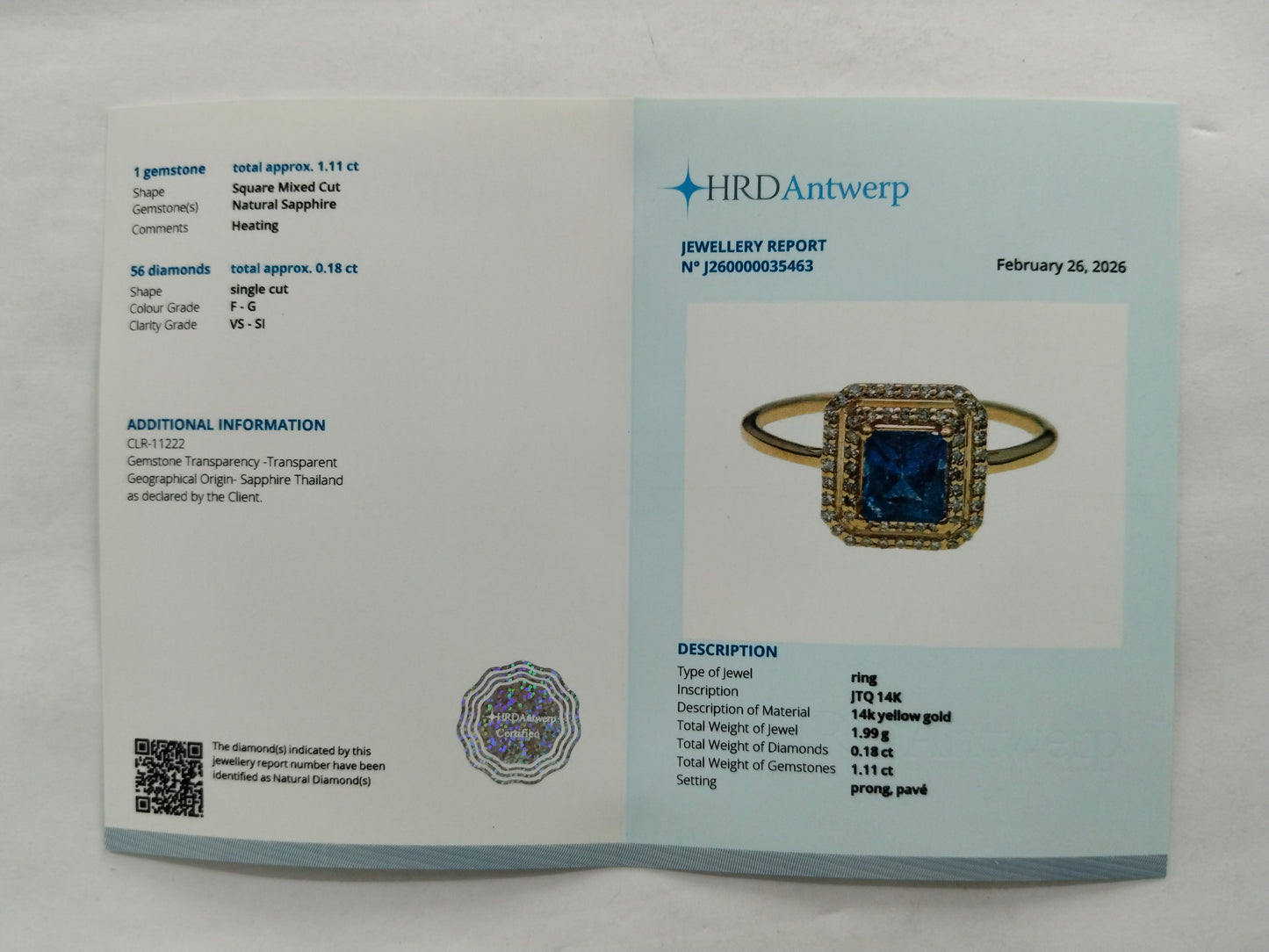 1.29 Ct Square Mixed Cut Natural Sapphire 14K Gold Ring