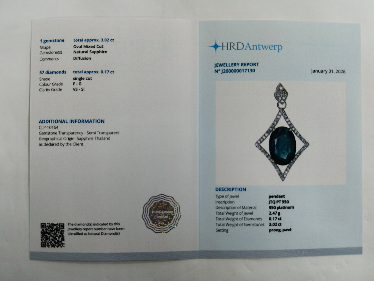 3.19 Ct Oval Mixed Cut Natural Sapphire 950 Platinum Pendant