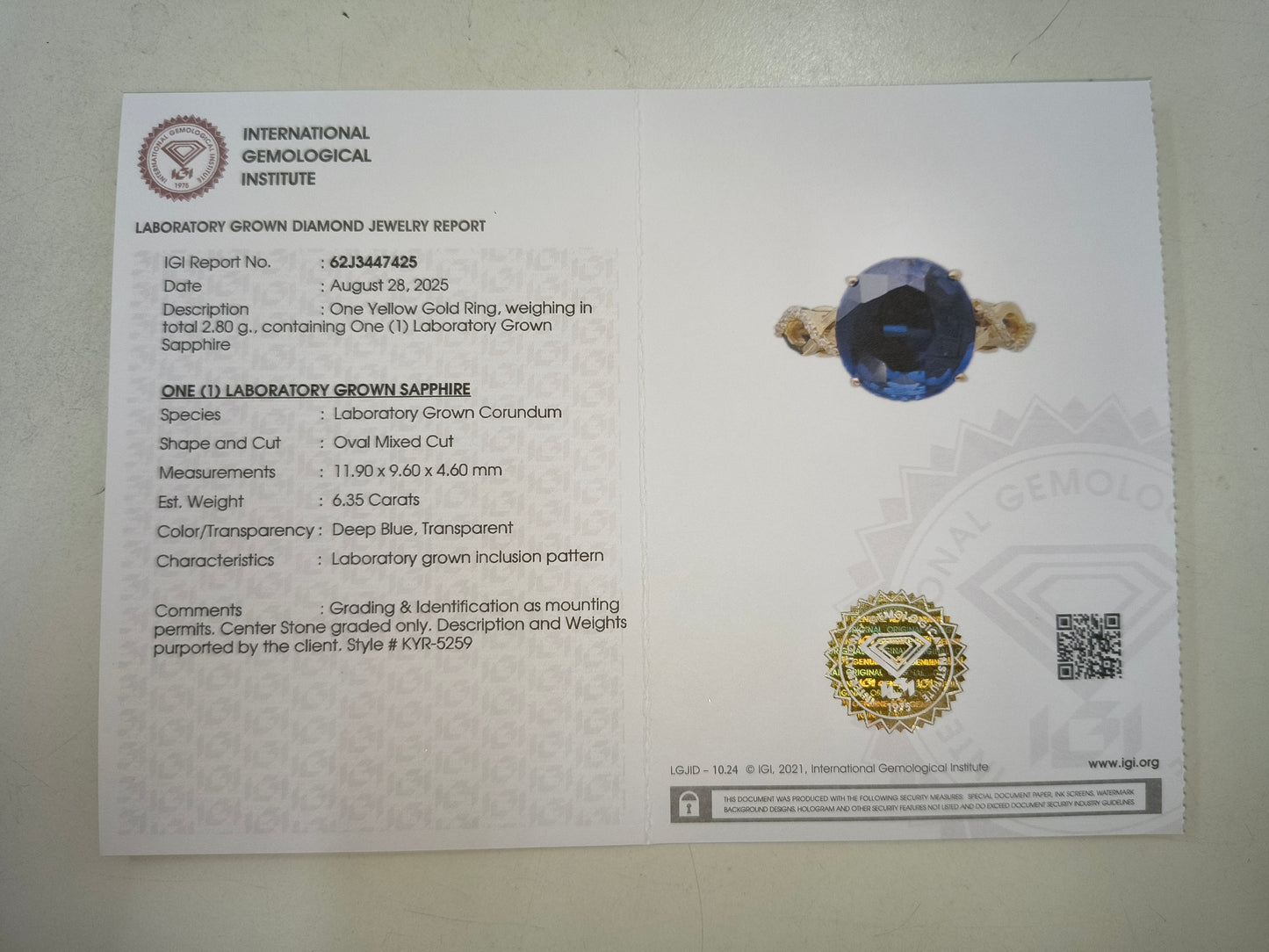 6.41 Ct Oval Mixed Cut Lab Grown Sapphire 14K Gold Ring