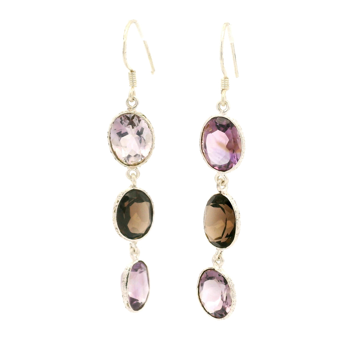 10.30 Ct Smoky Quartz, Amethyst 925 Sterling Silver Earrings