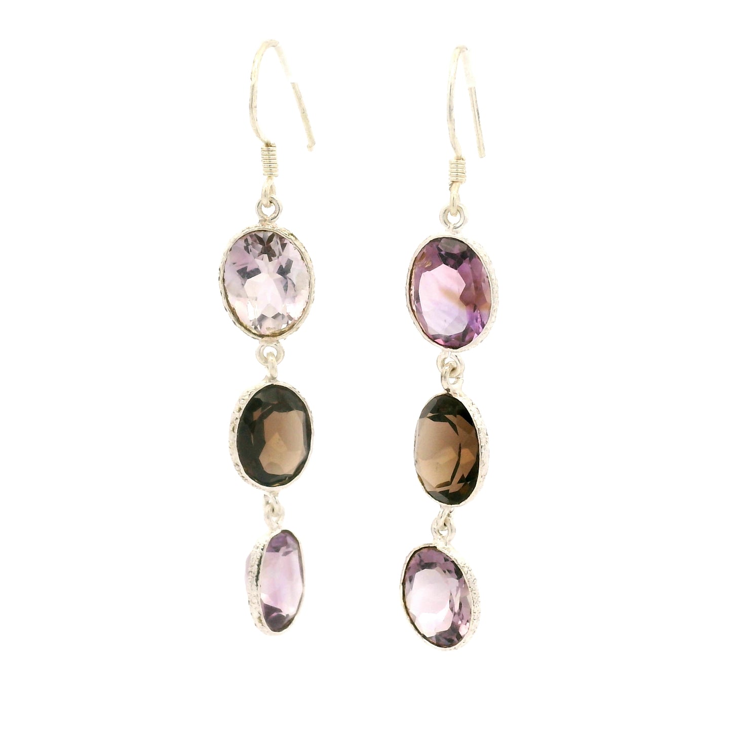 10.30 Ct Smoky Quartz, Amethyst 925 Sterling Silver Earrings