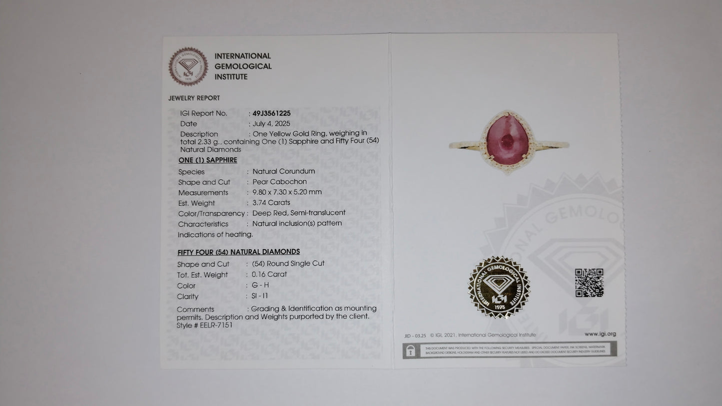 3.90 Ct Pear Cabochon Natural Corundum Ruby 14K Gold Ring