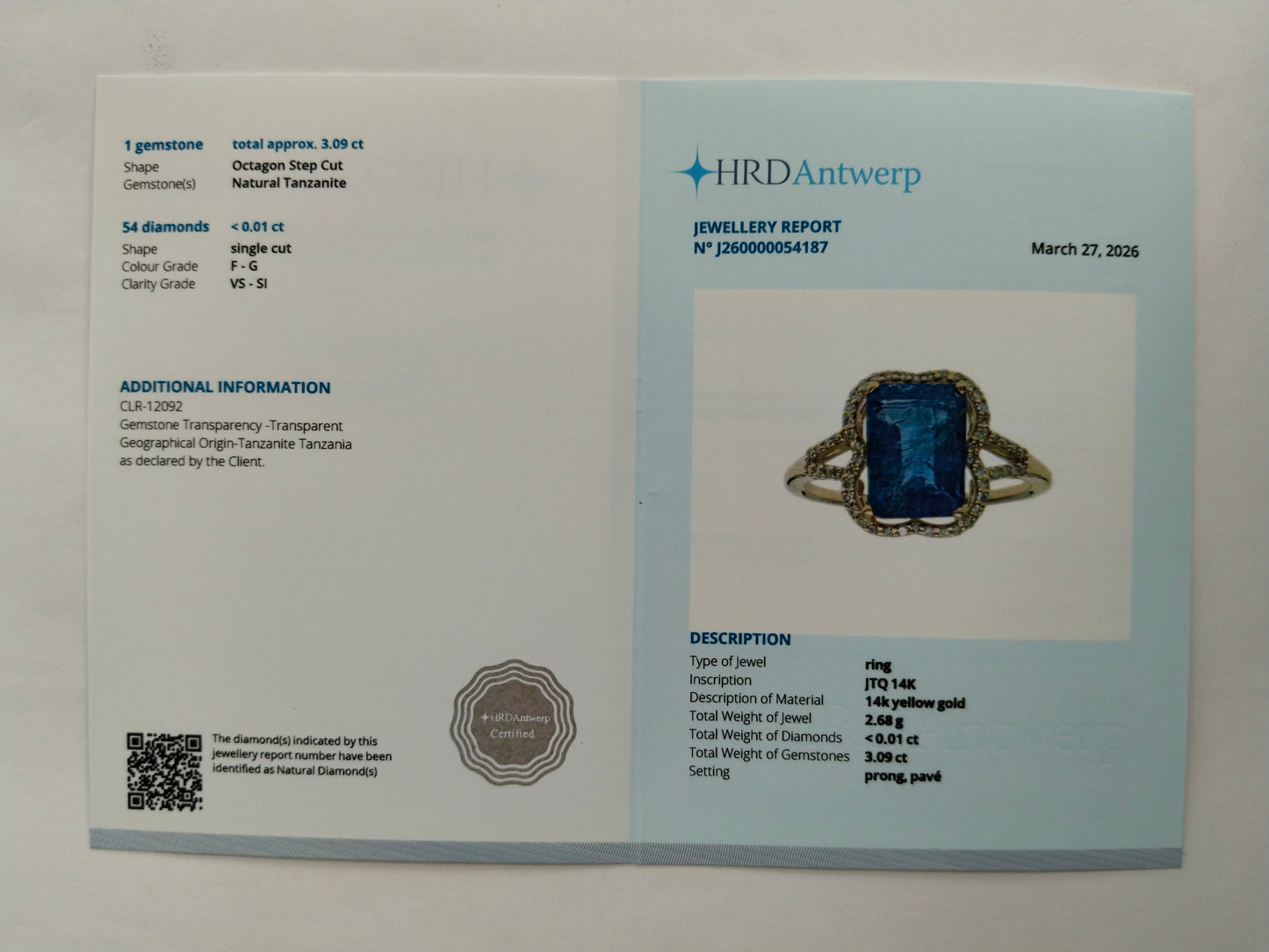 3.24 Ct Octagon Step Cut Natural Tanzanite 14K Gold Ring