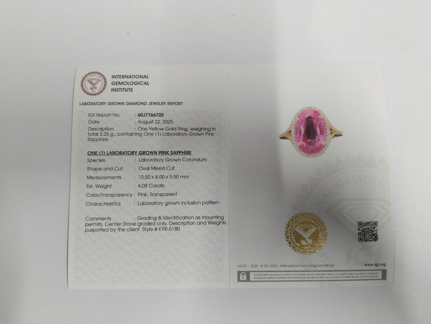6.21 Ct Oval Mixed Cut Lab Grown Pink Sapphire 14K Gold Ring