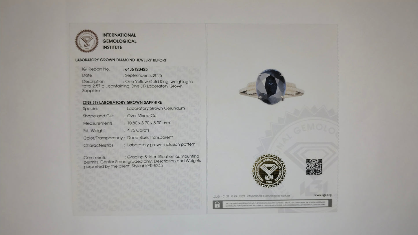 4.86 Ct Oval Mixed Cut Lab Grown Sapphire 14K Gold Ring