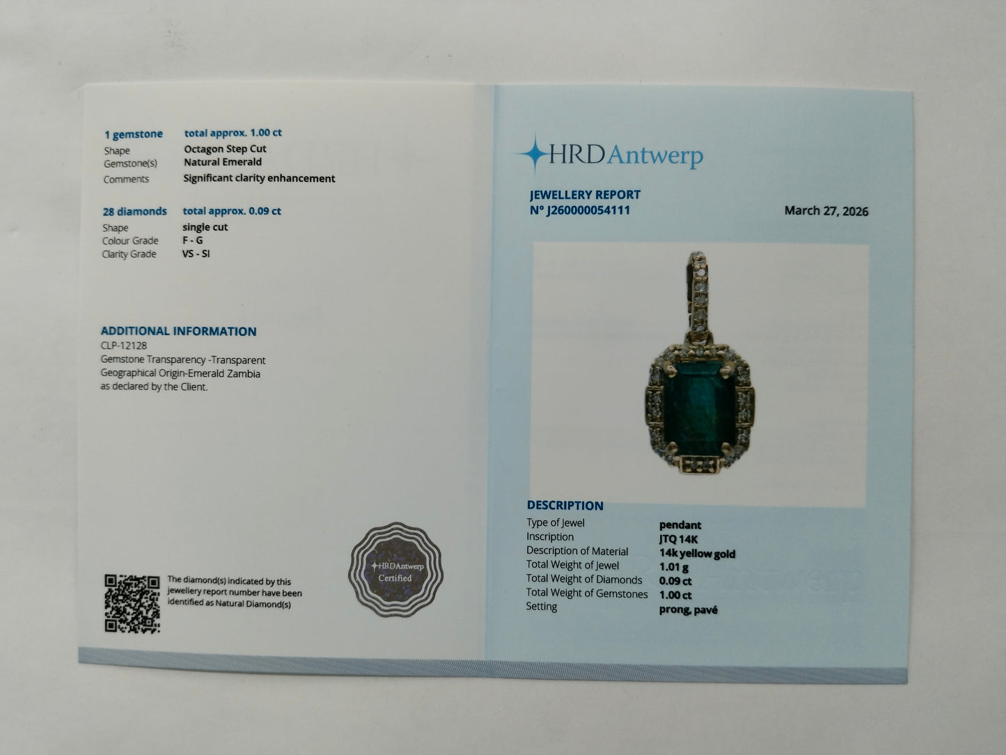 1.09 Ct Octagon Step Cut Natural Emerald 14K Gold Pendant