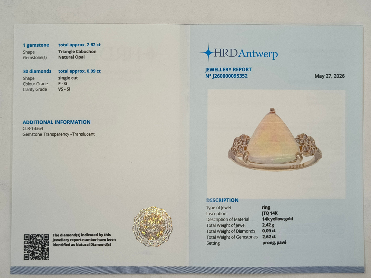 2.71 Ct Triangle Cabochon Natural Opal 14K Gold Ring