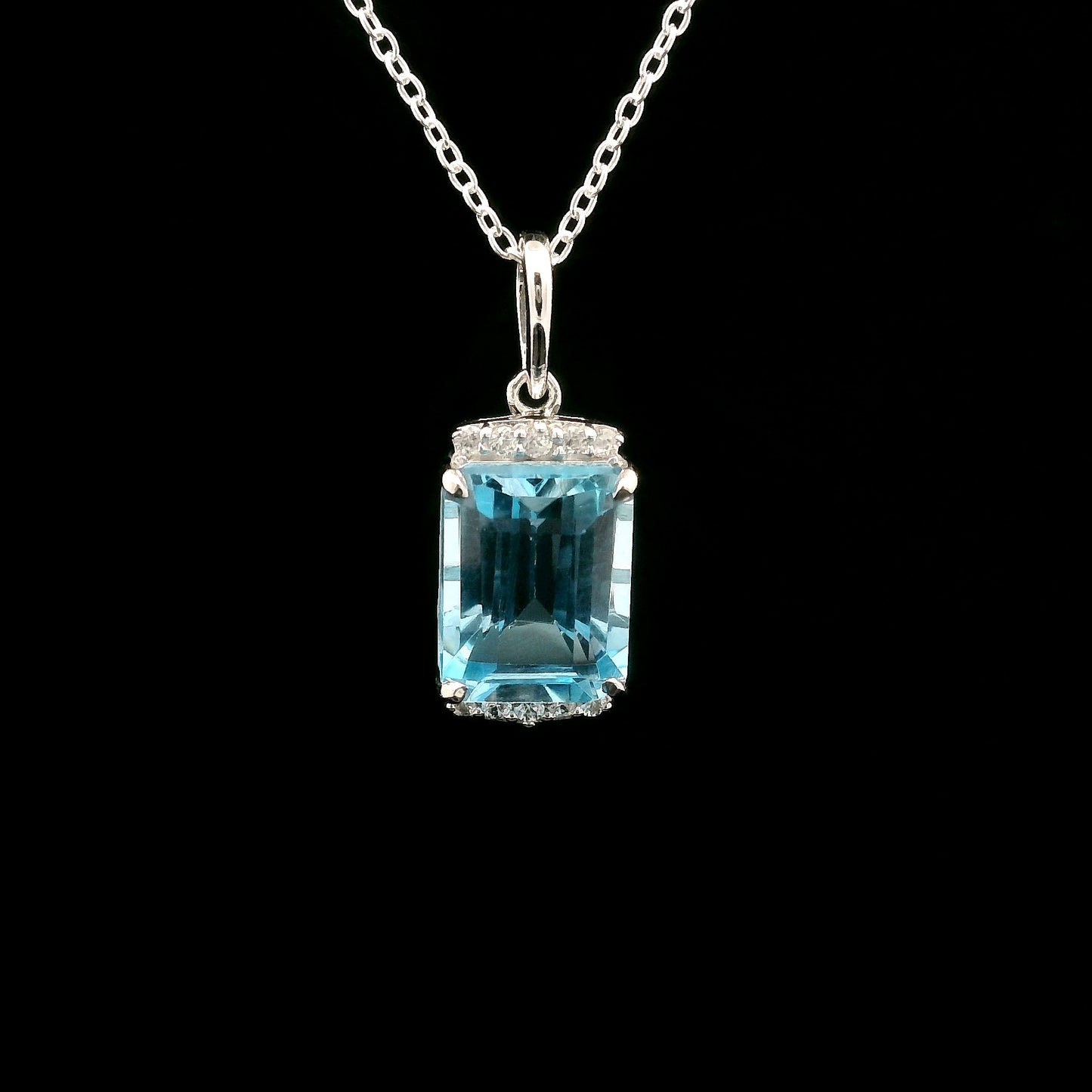 4.02 Ct Octagon Blue Topaz, White Zircon 925 Sterling Silver Pendant