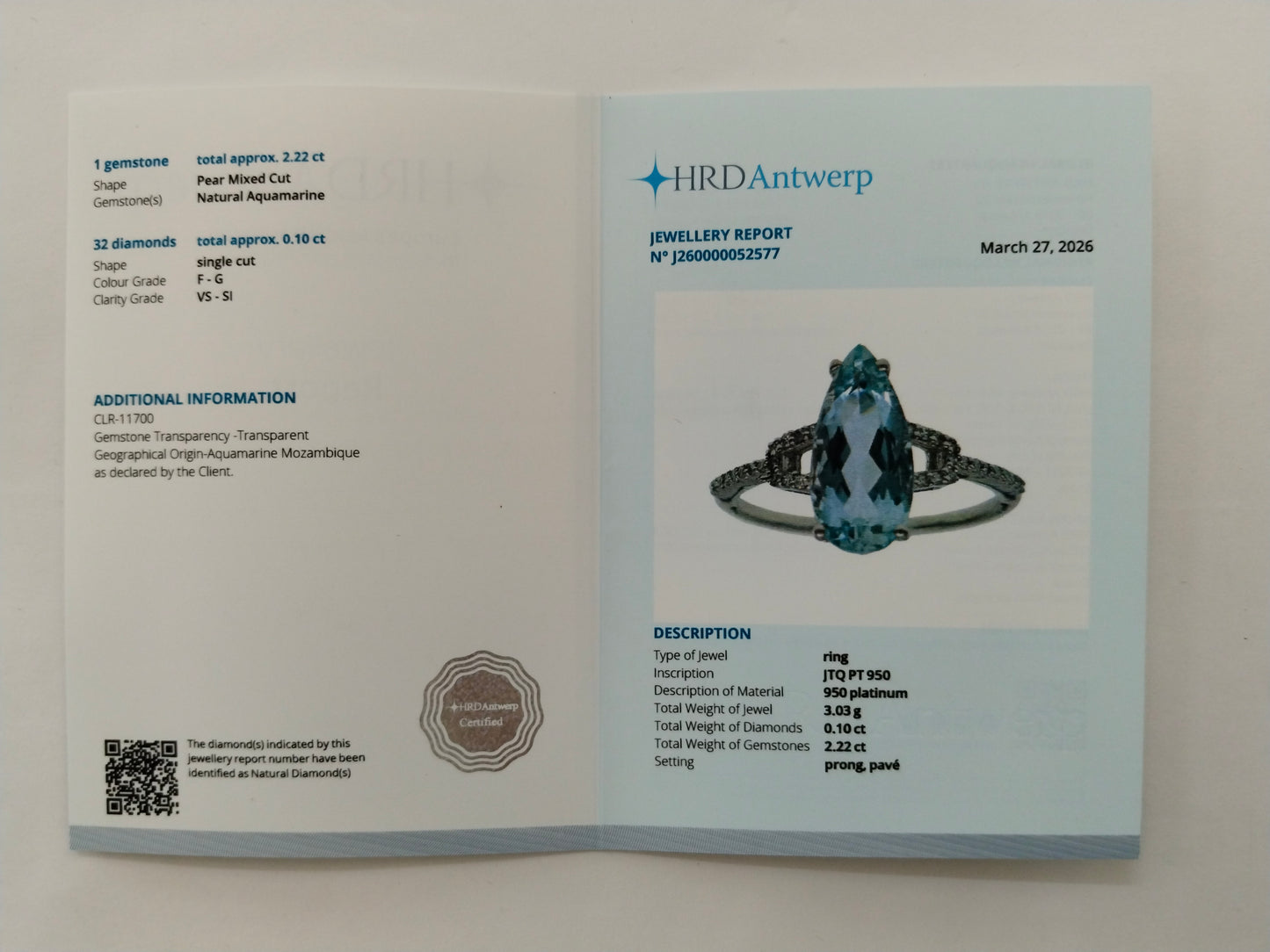 2.32 Ct Pear Mixed Cut Natural Aquamarine 950 Platinum Ring