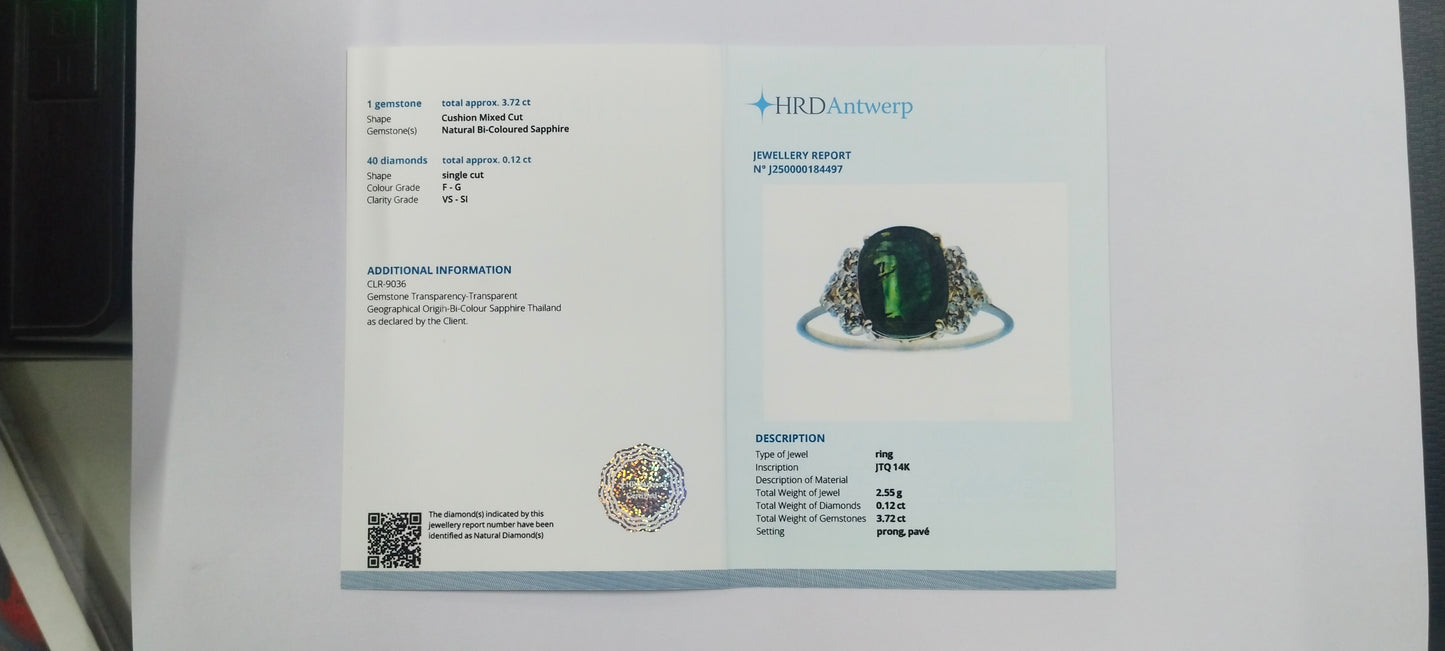 3.84 Ct Cushion Mixed Cut Natural Bi-Coloured Sapphire 14K Gold Ring