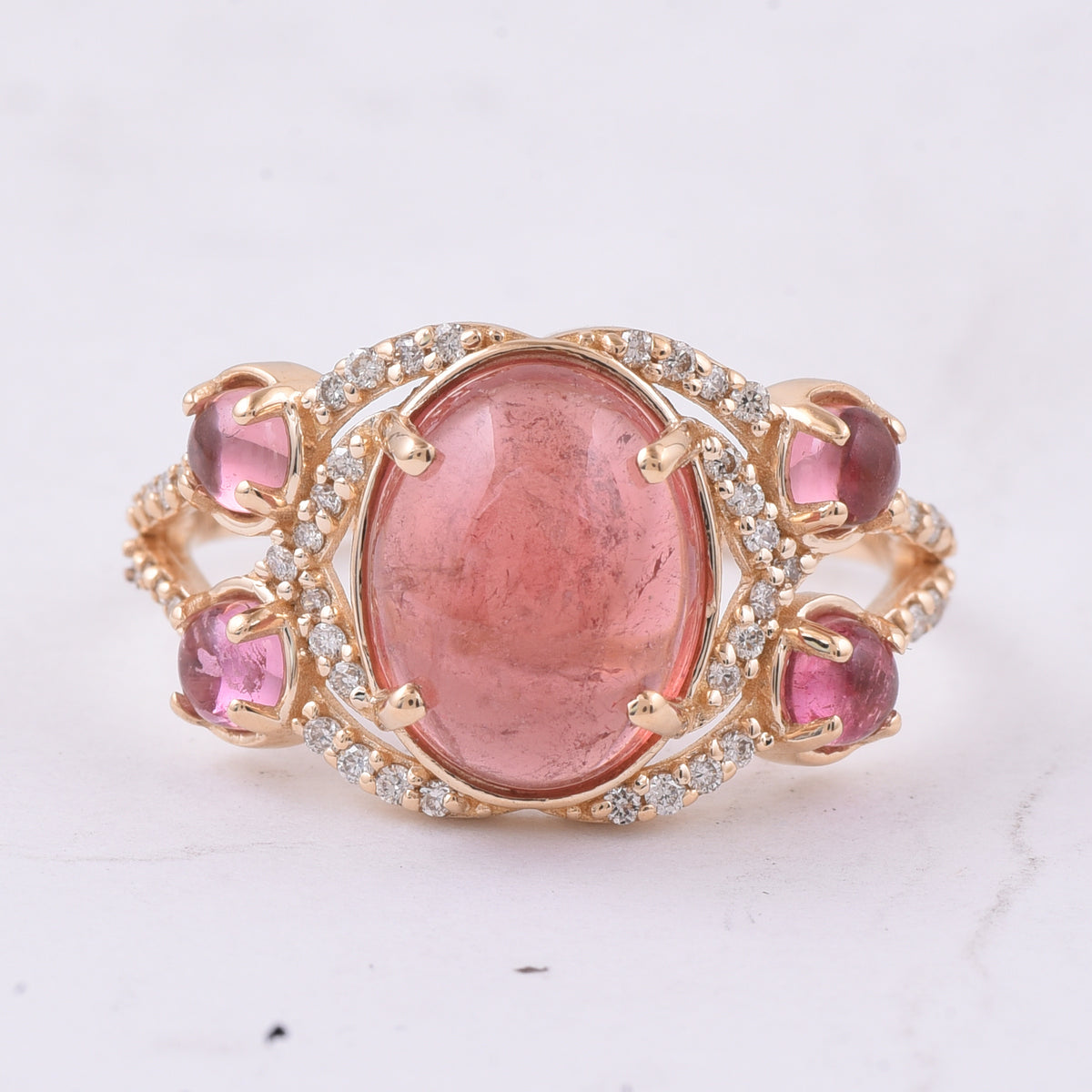 4.22 Ct Oval Cabochon Cut, Round Cabochon Cut Natural Pink Tourmaline 14K Gold Ring