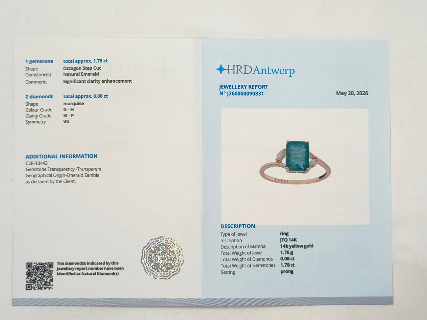 1.86 Ct Octagon Emerald 14K Gold Ring