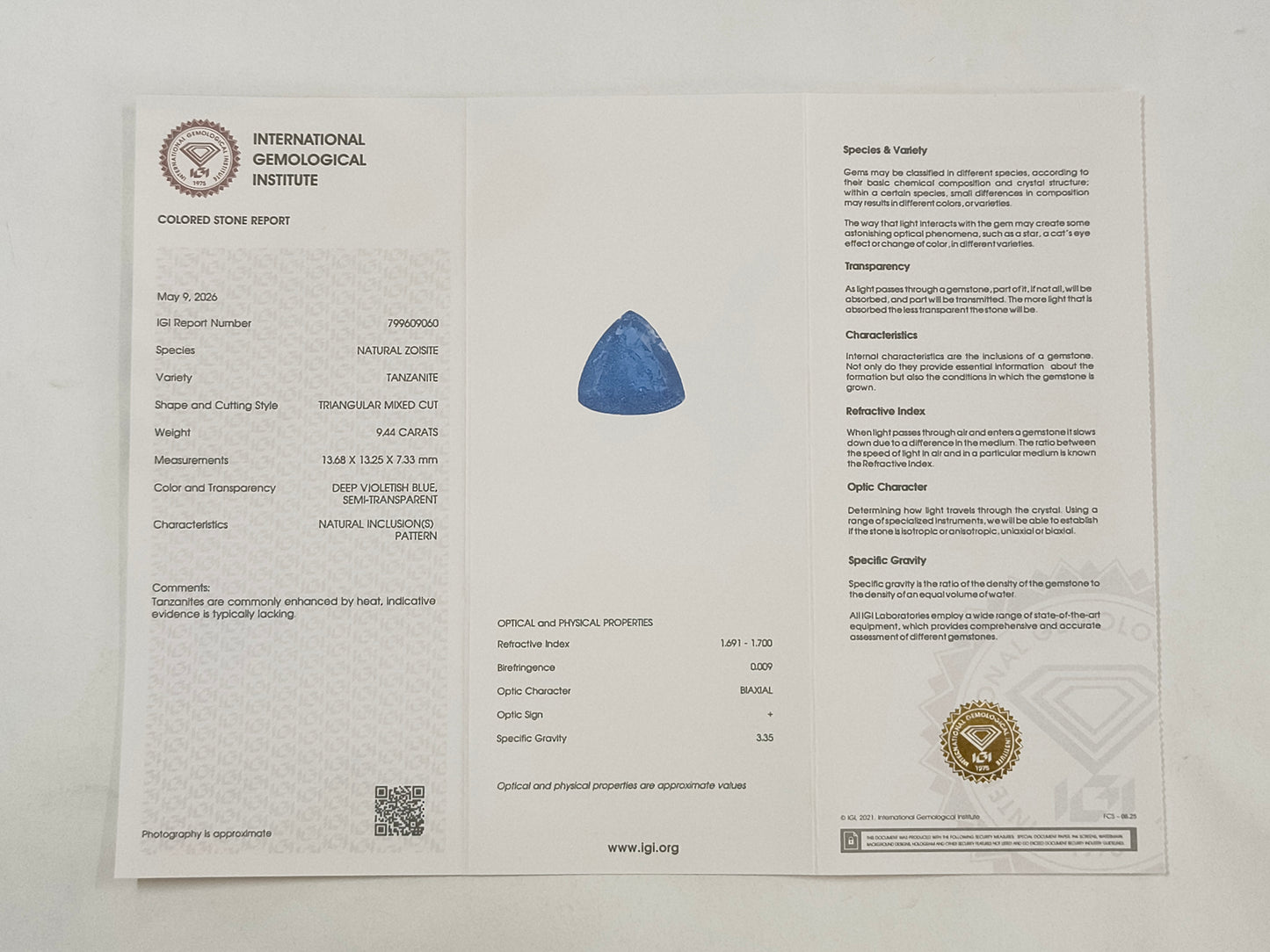 9.44 Natural Zoisite Tanzanite Triangular Mixed Cut Gemstone