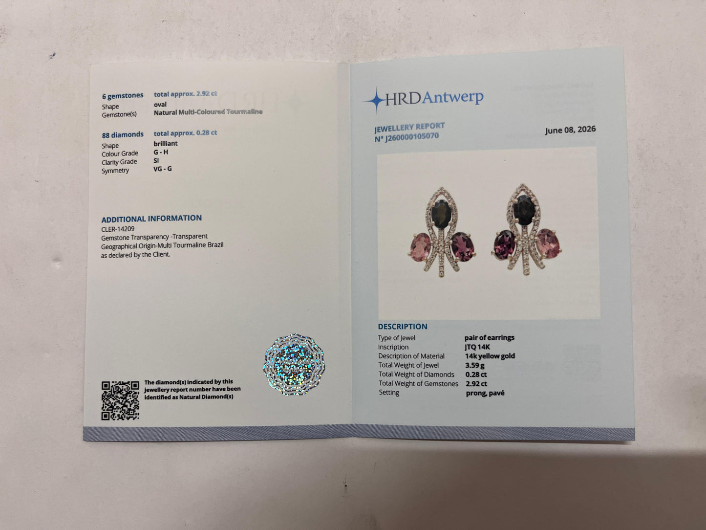 3.20 Ct Oval Mixed Cut Natural Multi-Coloured Tourmaline 14K Gold Earrings