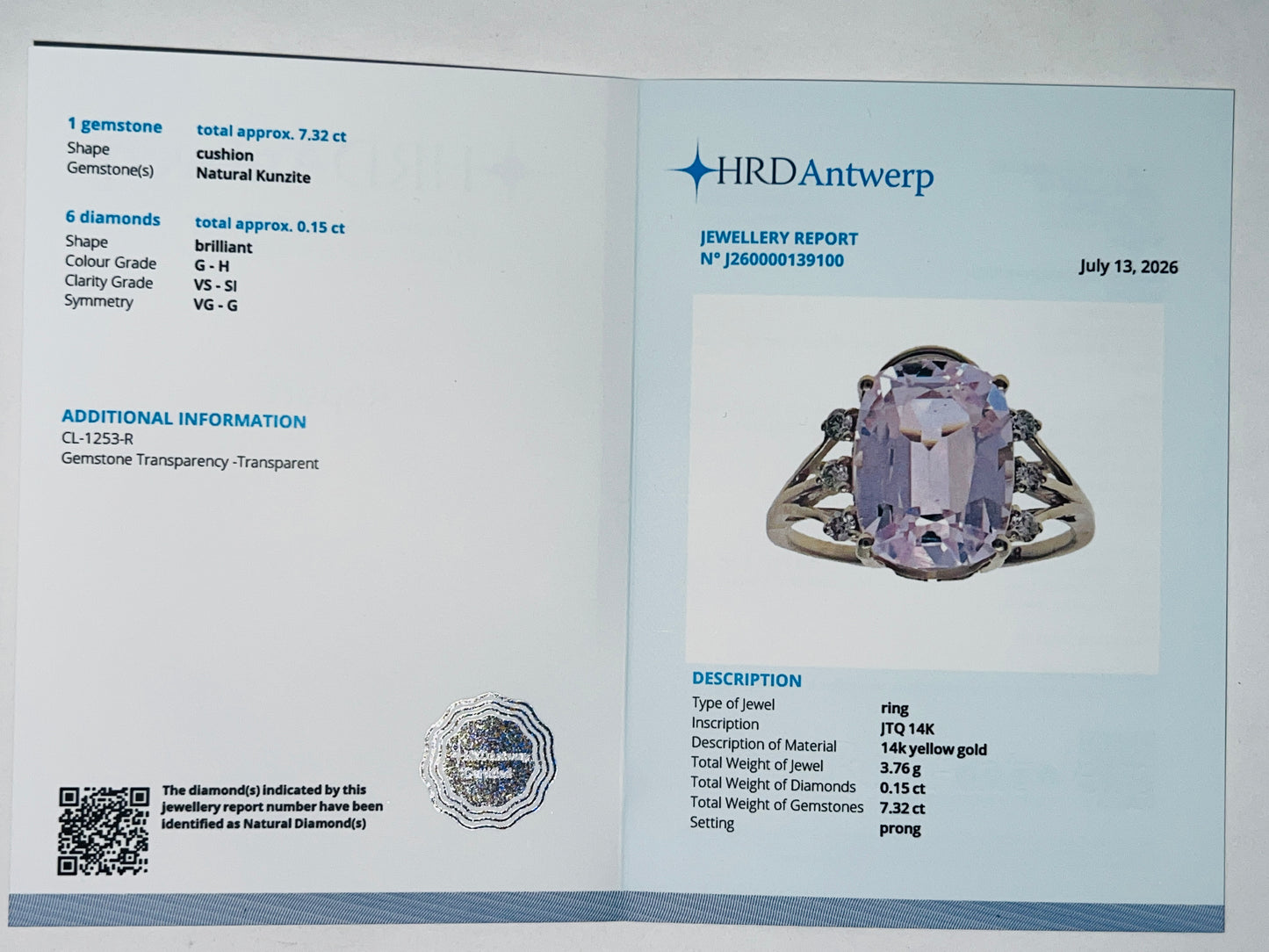 7.47 Ct Cushion Natural Kunzite 14K Gold Ring