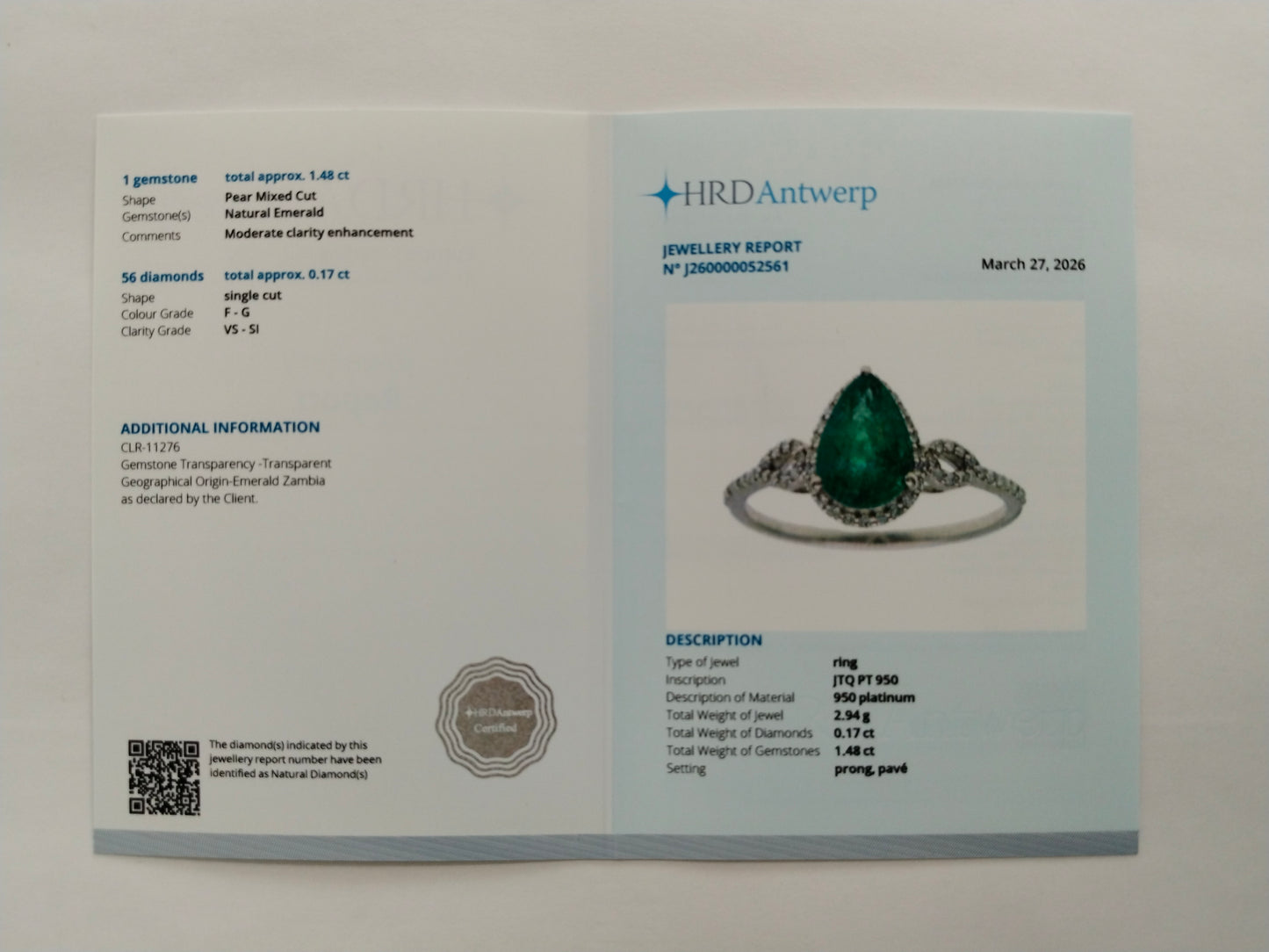 1.65 Ct Pear Mixed Cut Natural Emerald 950 Platinum Ring