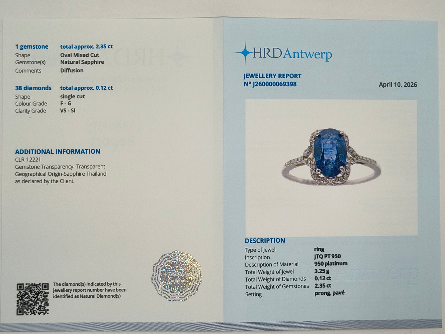 2.47 Ct Oval Mixed Cut Natural Sapphire 950 Platinum Ring