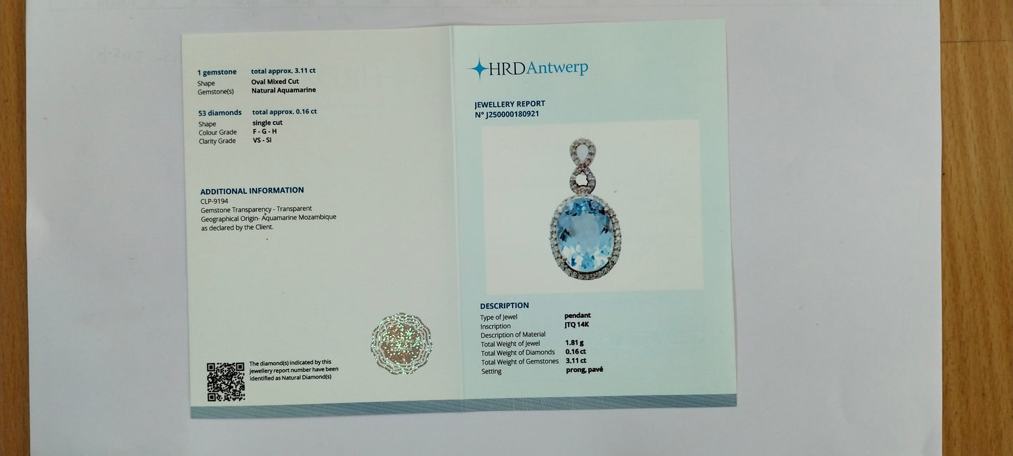 3.27 Ct Oval Mixed Cut Natural Aquamarine 14K Gold Pendant