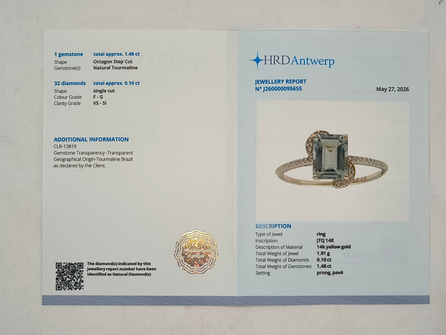 1.58 Ct Octagon Step Cut Natural Tourmaline 14K Gold Ring